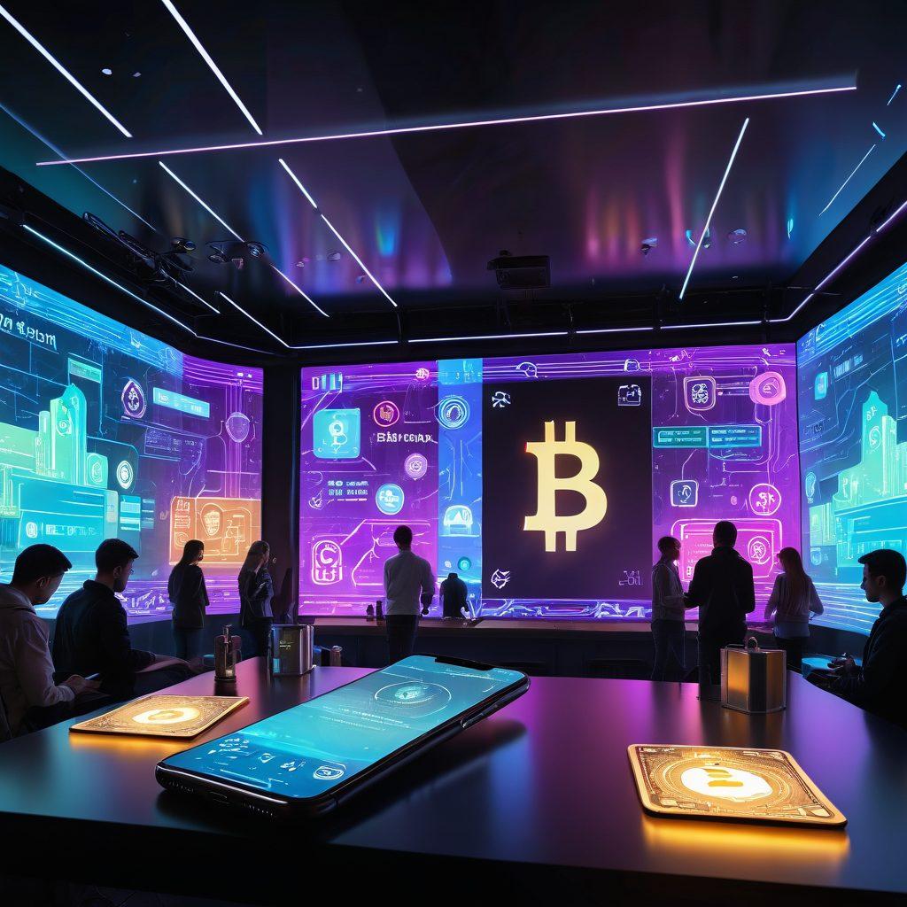 A futuristic smartphone displaying a digital wallet interface, surrounded by holographic currency symbols (like Bitcoin and dollar signs) floating in the air. In the background, diverse people engaging in peer-to-peer payments using their devices in various settings (coffee shop, marketplace, park). Emphasize vibrant colors and a modern aesthetic. cyberpunk. super-realistic.