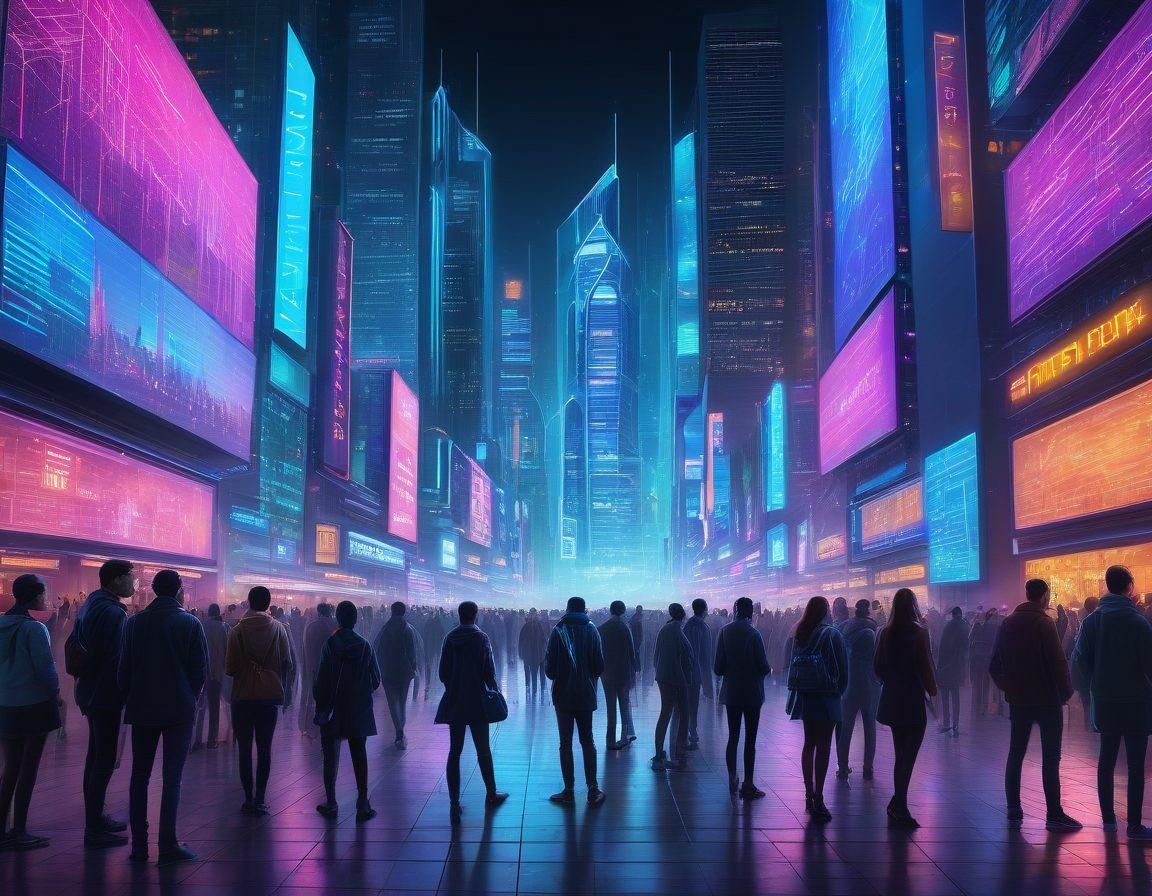 A futuristic cityscape showcasing a blend of traditional banks and decentralized finance platforms, with holographic financial transactions floating in the air. Include people interacting with digital wallets, diverse individuals collaborating in a vibrant marketplace, and binary code illuminating the backdrop. Emphasize security with visible shields or locks integrated into the scene. cyberpunk. vibrant colors. super-realistic.