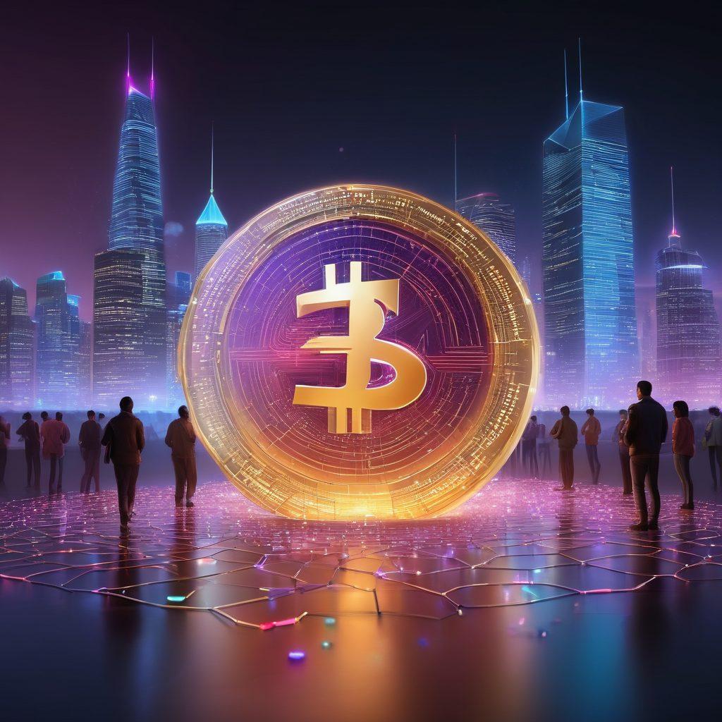 A futuristic digital landscape showcasing secure peer-to-peer cryptocurrency transactions. Visualize a glowing blockchain network with connected nodes, surrounded by floating coins symbolizing various cryptocurrencies. Include a diverse group of people using mobile devices, displaying excitement about instant payments. The background should feature a modern urban skyline with vibrant colors to emphasize innovation and technology. super-realistic. vibrant colors. 3D.